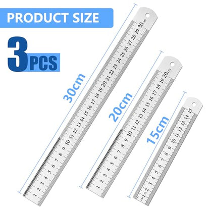 DTDNZKN 3 Pack Stainless Steel Ruler Set - Includes 6 inch (15 cm), 8 inch (20 cm), and 12 inch (30 cm) with SAE & Metric Measurements - for Drawing, Home, Office, and Engineering Use