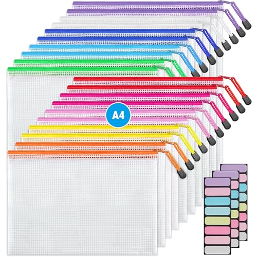 JARLINK 20 Pack 10 Colors Zipper Mesh Document Pouch, Letter Size/A4 Size, Plastic Water-Resistant File Bags, for School Office Supplies Cosmetics Travel Storage, Assorted Color - size: A4-20pcs