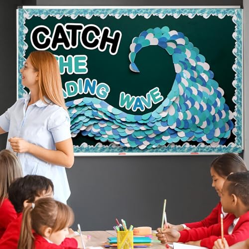 Summer Ocean Reading Bulletin Board Decorations Ocean Waves Theme Bulletin Board Set Catch The Reading Wave Half Heart Cutouts for Library School Classroom Chalkboard Wall Decor - style: Ocean Waves