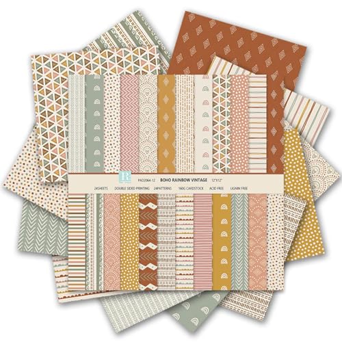 24 Sheets Scrapbook Paper - Boho Patterned Cardstock Paper Pads, 12"x12" 160gsm Coloured Double Sided Decorative Craft Papers for Scrapbooking, Card Making, Journaling and DIY Projects (Boho 8) - color: Boho 8
