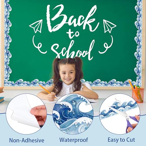 FYSUIMU 65.6 Ft Ocean Wave Bulletin Board Border Under The Sea Scalloped Trim Borders Realistic Blue Sea Wave Classroom Decorations for Back to School Summer Beach Coastal Party Home Office Chalkboard - style: Ocean