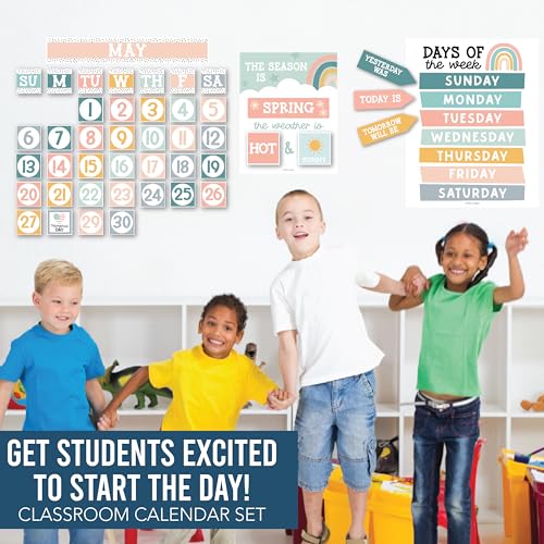 Hadley Designs Classroom Calendar Set Bulletin Board Decorations - Boho School Calendar for Classroom Decor, Kindergarten Preschool Elementary Teacher Must Haves, Homeschool & Daycare Essentials - style: Boho Muted