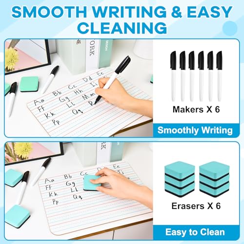6 Pack Small White Board with Lines 9 x 12 Inch Double Sided Mini Dry Erase Board Classroom Pack Portable Dry Erase Lapboard for Kids Teacher Supplies with 6 Erasers and 6 Markers