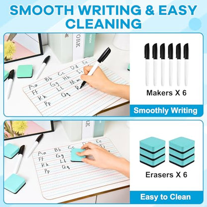 6 Pack Small White Board with Lines 9 x 12 Inch Double Sided Mini Dry Erase Board Classroom Pack Portable Dry Erase Lapboard for Kids Teacher Supplies with 6 Erasers and 6 Markers