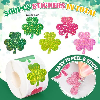 Whaline St. Patrick's Day Stickers Roll Holographic Pink Green Shamrock Seal Stickers Clover Waterproof Self-Adhesive Decals for Envelope Journal Decor Irish Party Supplies, 500Pcs - style: Pink Green Shamrock