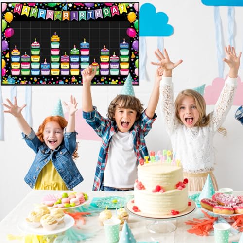 Pasimy Happy Birthday Pocket Chart Classroom Reusable Birthday Calendar Wall Hanging Chart with 144 Dry Erase Cards and 3 Hooks for School Classroom Bulletin Board Decor