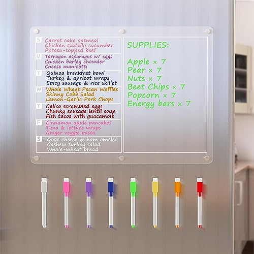 Neatsure Acrylic Magnetic Dry Erase Board for Fridge, Clear Whiteboard for Refrigerator, Notepad Memo to Do/Grocery List White Board, w/ 8 Colors Markers, 15 x 11 - size: 15"x11", style: Meal Planner