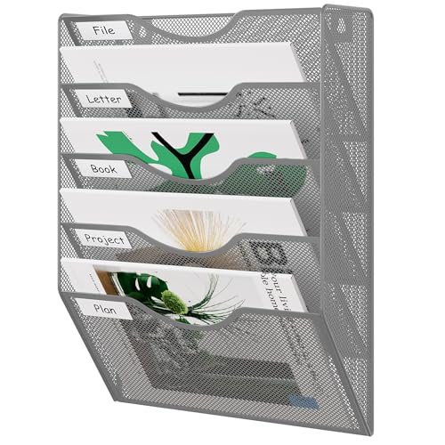 EasyPAG Wall File Organizer 5 Tier Hanging Paper Folder Holder, Zero Assembly Metal Mesh Wall Mounted Mail Organizer for Office Home Classroom Narrow Spaces, Silver - color: Silver, size: 5 Tier
