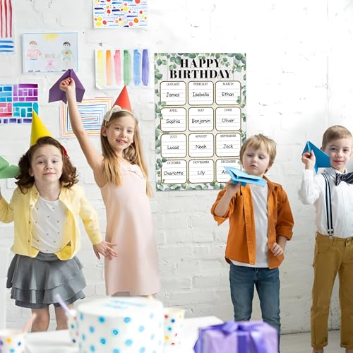 Birthday Chart Poster for Classroom Eucalyptus Happy Birthday Calendar Poster Greenery Reusable Laminated Chart Bulletin Board Decoration for Class Back to School Chalkboard Wall Teacher Supplies