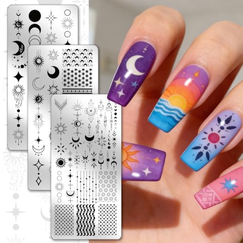 PH PandaHall 3pcs Sun Moon Star Nail Stamping Plates Star Chain Nails Art Stencils Galaxy Night Sky Nail Art Templates Bohemian Nails Image Plate for Women DIY Manicures Salon Design Printing - style: Sun Moon