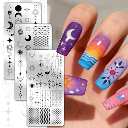 PH PandaHall 3pcs Sun Moon Star Nail Stamping Plates Star Chain Nails Art Stencils Galaxy Night Sky Nail Art Templates Bohemian Nails Image Plate for Women DIY Manicures Salon Design Printing - style: Sun Moon