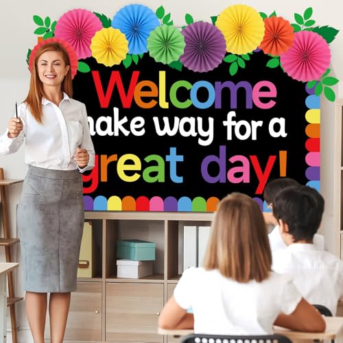 Classroom Bulletin Board Decorations with 3D Paper Fans Inspirational Welcome, Make Way for a Great Day Bulletin Board Set for Back to School Motivational Office Home Wall Door Chalkboard Decor - style: Welcome