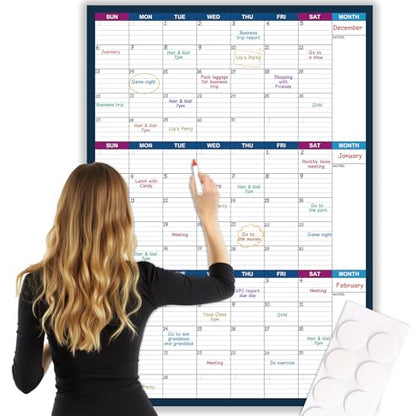 Large Dry Erase Calendar for Wall – Undated 3 Month Wall Calendar, Yearly Wall Calendar Dry Erase, 28" x 40"(Vertical), Reusable Laminated with Round Stickers, Perfect Layout Wall Calendar for Office, Home and Classroom