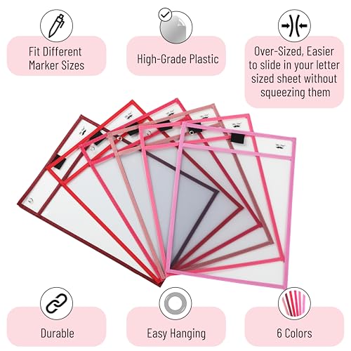 Mr. Pen- Reusable Dry Erase Pocket Sleeves, 10" x 14", 6 Pack, Pink Shades | Clear Plastic Paper Sleeves, Ticket Holders, Clear Plastic Sheet Protectors, Teacher, School, Classroom Supplies - color: Pink Shades, size: 6 Pack