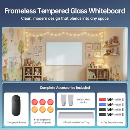 Glass Whiteboard 48" x 30", Frameless Wall Mounted Dry Erase Board with Tempered Glass Surface, Steel-Backed Magnetic Support, Tray, Eraser, Markers & Magnets for Office, School, Home - size: 48"W x 30"H