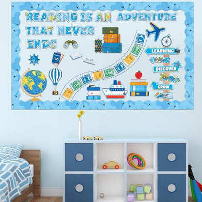 Reading Travel Bulletin Board Decorations Set Blue Reading is an Adventure Bulletin Board Classroom Decorations Motivational Signpost Paper Cutouts for Back to School Library Chalkboard Wall Decor - style: Blue Travel