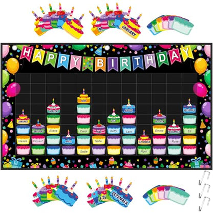 Pasimy Happy Birthday Pocket Chart Classroom Reusable Birthday Calendar Wall Hanging Chart with 144 Dry Erase Cards and 3 Hooks for School Classroom Bulletin Board Decor