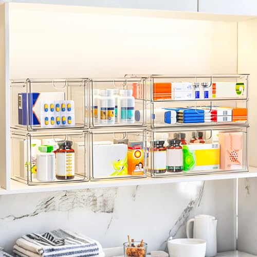 caktraie Acrylic Stackable Storage Drawers Set of 6, Clear Plastic Storage Drawer Organzier, Storage Organizer, Makeup Organizer,Ideal for Vanity, Bathroom,Cabinet,Pantry Organization - style: 2 Large+4 Medium Drawers
