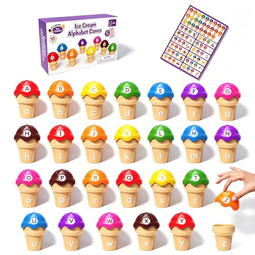Ice Cream Alphabet Cones Matching Toy,ABC Letter Matching and Color Sorting Learning Educational Game with Word List Uppercase Lowercase Recognition,Preschool Montessori Activities for Kids 3+
