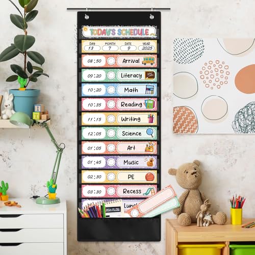 Pasimy Daily Schedule Pocket Chart with 31 Reusable Cards and 14 Pockets Composition Schedule Charts Classroom Decorations for School Office Home Educational Activity - style: Composition