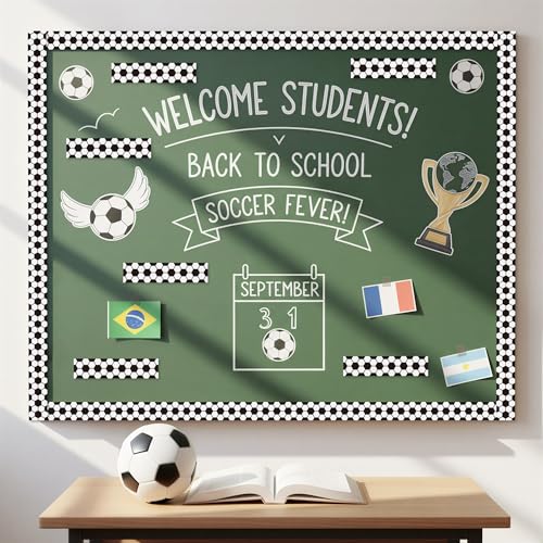 BeYumi Soccer Sport Border Trim - 65ft Back to School Soccer Patterned Straight Rolled Border Trim Black White Football Sports Theme Bulletin Board Set Party School Classroom Chalkboard Wall Decor - style: Soccer Patterned