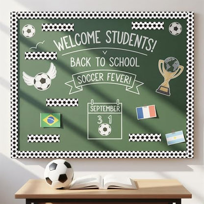 BeYumi Soccer Sport Border Trim - 65ft Back to School Soccer Patterned Straight Rolled Border Trim Black White Football Sports Theme Bulletin Board Set Party School Classroom Chalkboard Wall Decor - style: Soccer Patterned