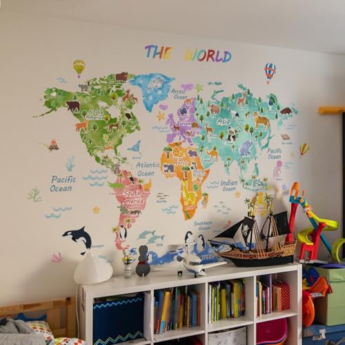 Fufuquare Large THE WORLD Animal Distribution Wall Stickers Waterproof Map Wall Decals for Children's Room Kindergarten and Classroom