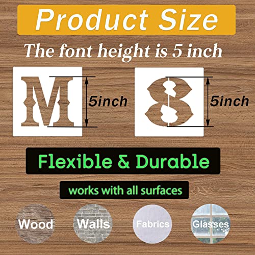 5 Inch Letter Stencils and Numbers, 38 Pcs Alphabet DIY Craft Stencils, Reusable Plastic Drawing Templates for Painting on Wood, Wall, Fabric, Rock, Floor, Signage, Door Porch - size: 5 Inch