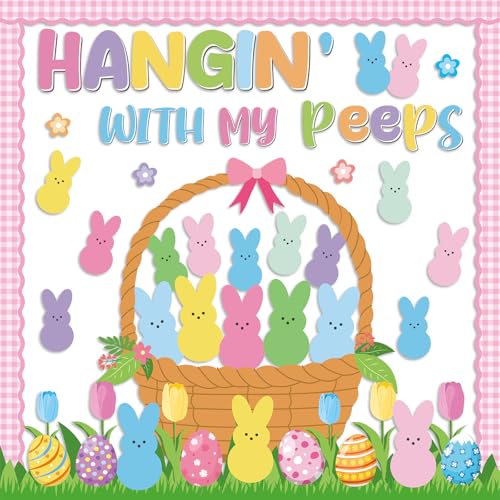 Spring Easter Bunny Bulletin Board Decorations Set Hangin with My Bunny Bulletin Board Classroom Decorations Easter Bunnies Egg Basket Paper Cutouts for Church Sunday School Chalkboard Wall Decor - style: Pink Easter