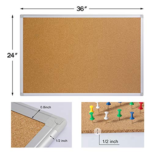 Cork Board Bulletin Board 24 x 36, Silver Aluminium Framed 2x3 Corkboard, Office Board for Wall Cork, Large Wall Mounted Notice Pin Board - size: 24" x 36"