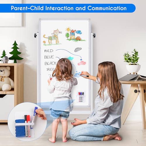 maxtek Rolling White Board, 48 x 24 Height Adjustable Whiteboard on Wheels, Large Magnetic Standing Mobile Easel Board, Double-Sided with Stand for Office, Home, and Classroom - style: 24X48 in Silver