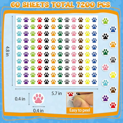 7200Pcs Paw Print Stickers, Colorful Mini Puppy Paw Stickers Classroom Teachers Incentive Reward Decal Behavior Chart Sticker for Home School Students Teachers Supplies - style: Paw Prints