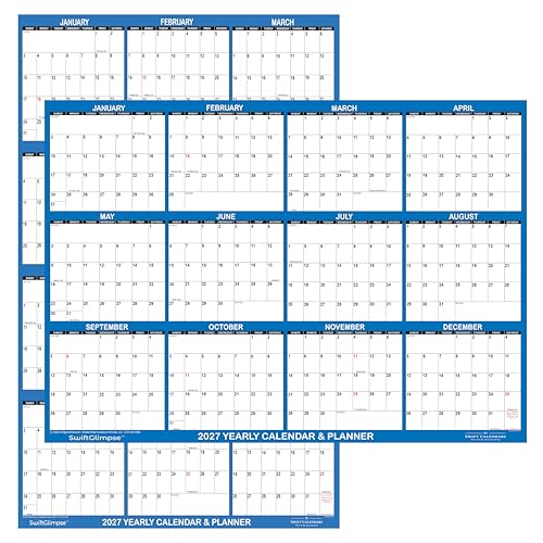 32" x 48" SwiftGlimpse 2027 Wall Calendar Erasable XLarge Wet & Dry Erase Laminated 12 Month Annual Yearly Wall Planner, Reversible, Horizontal/Vertical, Dark Blue - size: 32" x 48"