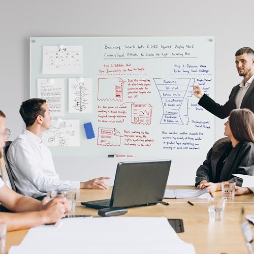 Magnetic Glass Whiteboard for Wall, 48" x 32" Large Dry Erase Board, Frameless Wall-Mounted White Board School, Classroom, Office & Home - size: 48" x 32"