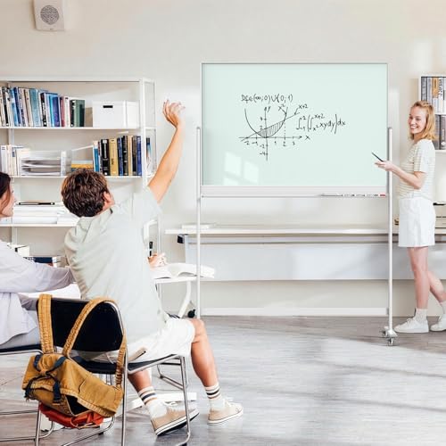 Tankee Rolling Whiteboard, 48x32 Inches Magnetic Glass Dry Erase Board with Stand, Standing White Board on Wheels, Large Glass Mobile Whiteboard for Office School Classroom Home Homeschooling - color: Magnetic Glass Board - W, size: 48"x32"