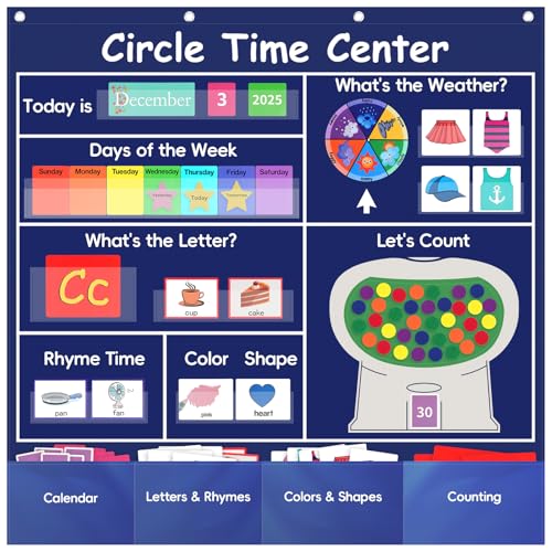 Circle Time Learning Center Classroom Pocket Chart, Circle Time Calendar Preschool Include 224 Cards, Educational Pocket Chart Material, Learning Calendar Weather Letter Counting Color Shape - color: Blue