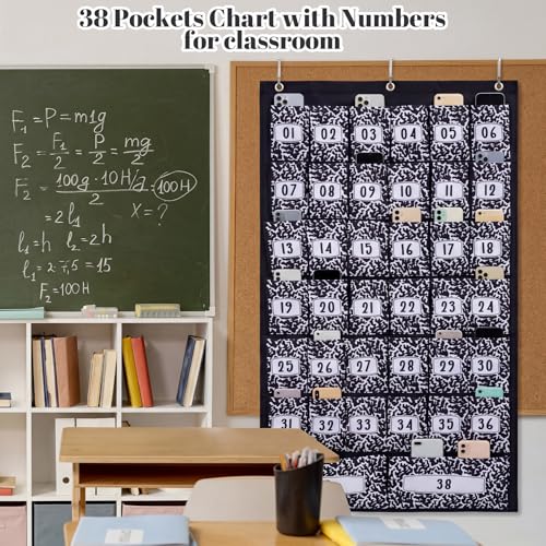 Colarr 38 Composition Book Classroom Pocket Chart Organizer with Numbers Oxford Fabric Cell Phones Calculator Holder for Classroom Pocket Organizer Hanging Chart with Numbered Slots and 4 Hooks - style: Composition Book
