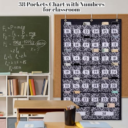 Colarr 38 Composition Book Classroom Pocket Chart Organizer with Numbers Oxford Fabric Cell Phones Calculator Holder for Classroom Pocket Organizer Hanging Chart with Numbered Slots and 4 Hooks - style: Composition Book