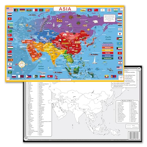 Tot Talk Asia Educational Placemat for Kids – Made in USA – Durable, Double-Sided Placemat Countries, Capitals, Flags, Waterways, Landmarks & Memory Activities – Waterproof Wipeable, 17.5” x 11.5” - color: Asia
