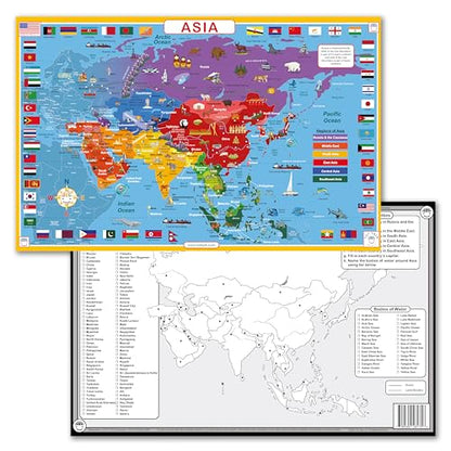 Tot Talk Asia Educational Placemat for Kids – Made in USA – Durable, Double-Sided Placemat Countries, Capitals, Flags, Waterways, Landmarks & Memory Activities – Waterproof Wipeable, 17.5” x 11.5” - color: Asia