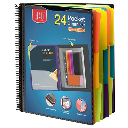 H4D 24 Pocket Poly Project Organizer, Spiral Multi Pocket Folder Organizer, Multi-Subject Folder Notebook, Letter Size - color: Primary Color, style: 24 Pockets