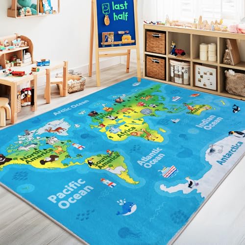 Kids Playroom Rug, 4x5ft World Map Play Mat with Cute Animals, Washable Durable Soft Carpet Kid Educational Rugs for Boys Girls Bedroom Nursery Classroom - color: World Map Rug, size: 4x5 Feet