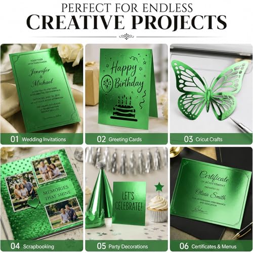 25 Sheets Metallic Grass Green Mirror Cardstock Paper 8.5 x 11 Shimmer Sheets 250gsm/92lb Heavyweight Scrapbook Paper for Certificates, Invitations, Greeting Cards, Crafts, Graduations - color: Green