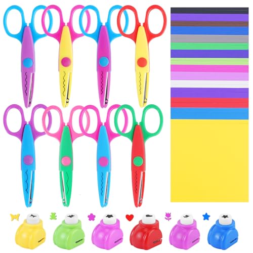 UCEC 44 Pack Arts and Crafts Supplies Kit for Kids, 8 Decorative Edge Craft Scissors, 6 Shape Paper Punchers, and 30 Sheets Colored Cardstock Paper for DIY Scrapbooking, Card Making, School Classroom - color: Beginner Set 1