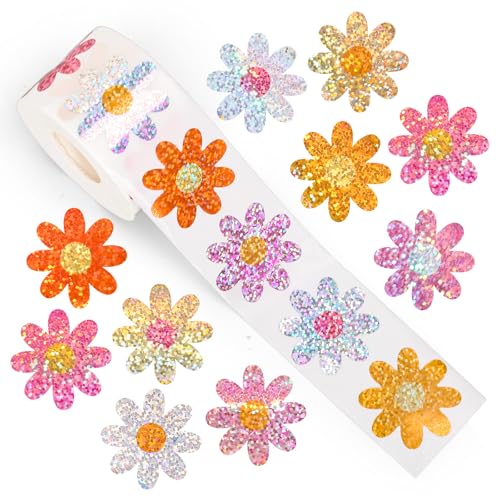 Whaline Boho Floral Stickers Roll Holographic Groovy Daisy Flower Seal Stickers Hippie Waterproof Self-Adhesive Decals for Back to School Envelope Journal Scrapbook Gift Decor Birthday, 500 Pcs - style: Boho Floral