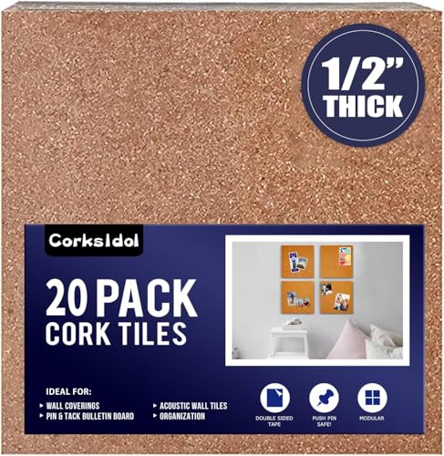 Corksidol Cork Board Tiles 12"x12" - 1/2" Thick -Bulletin Board-Cork Board- Ultra Strong Self Adhesive Backing for Classromm/Office/Floor/Wall/DIY-20 Pack - size: 20 pack (1/2" Thick - Cork Board)