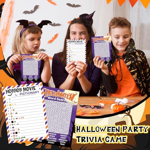 COCHIE 30 Players Halloween Party Games for Adults Family Office Large Groups, Horror Movie Name Pictionary Game, Riddle Game, Word Search Games with Answer Key (Halloween Purple) - style: Halloween Purple