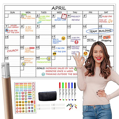 Large Dry Erase Wall Calendar - 24"x 36" Undated Monthly Calendar for Home, Office, Classroom - Reusable Laminated Task Organizer - color: White 24"x36"