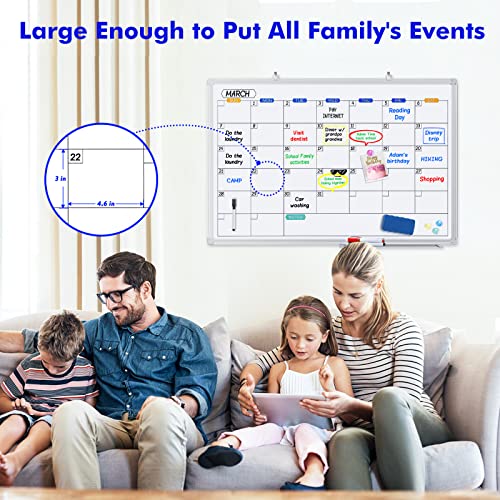 Dry Erase Calendar Whiteboard for Wall, 36" x 24" Magnetic Monthly White Board Calendar Dry Erase, Wall Hanging Aluminum Frame with Tray for Home, School, Office (Silver Frame) - size: 36"W x 24"H