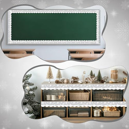 BeYumi Winter Snowflake Border Trim - 65ft Winter Christmas Gray Snowflake Scalloped Rolled Border Trim Xmas Snowflakes Themed Bulletin Board Borders School Classroom Office Chalkboard Party Decor - style: Gray Snowflake